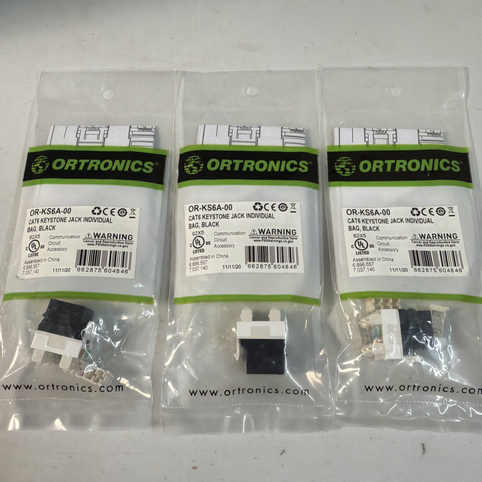 ORTRONICS LEGRAND CAT 6 BLACK KEYSTONE JACK OR-KS6A-00 **LOT OF 3**