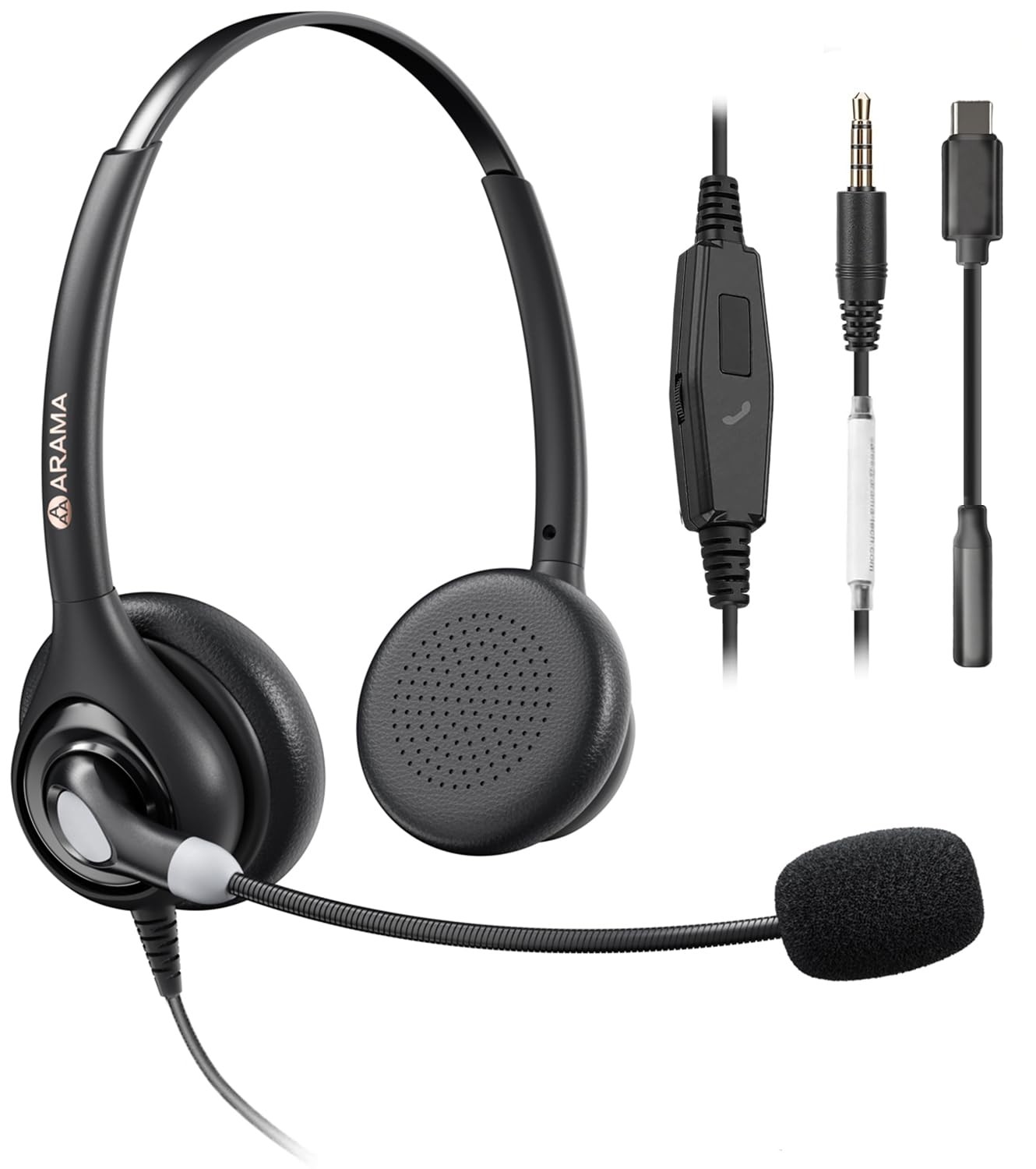 Cell Headset with Mic, 3.5mm Wired, USB-Adapter