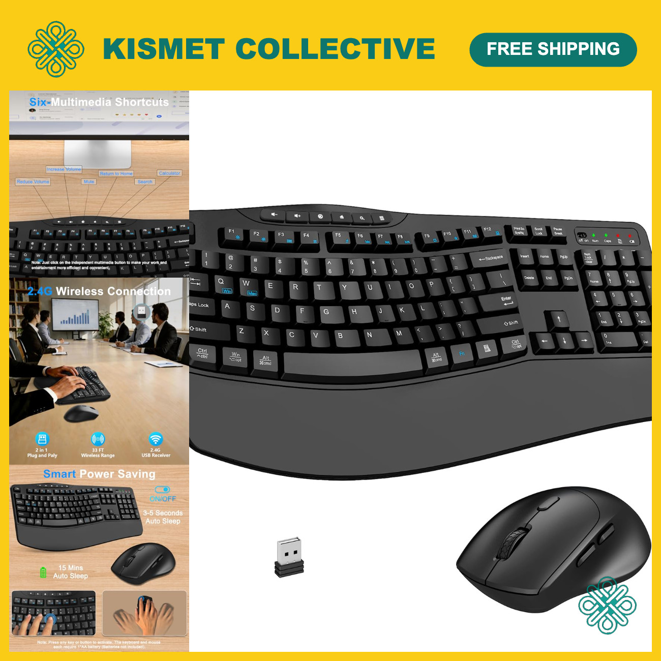 Ergonomic Wireless Keyboard & Mouse Combo, 2.4G Wave Design, Black, USB Connecti