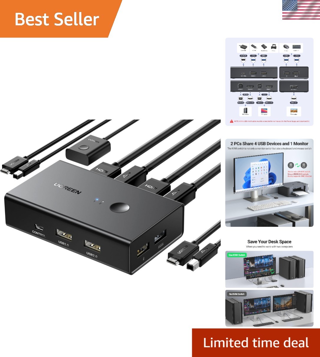 Multi-Device HDMI KVM Switch 4K@60Hz - Effortless Control with 4 USB Ports