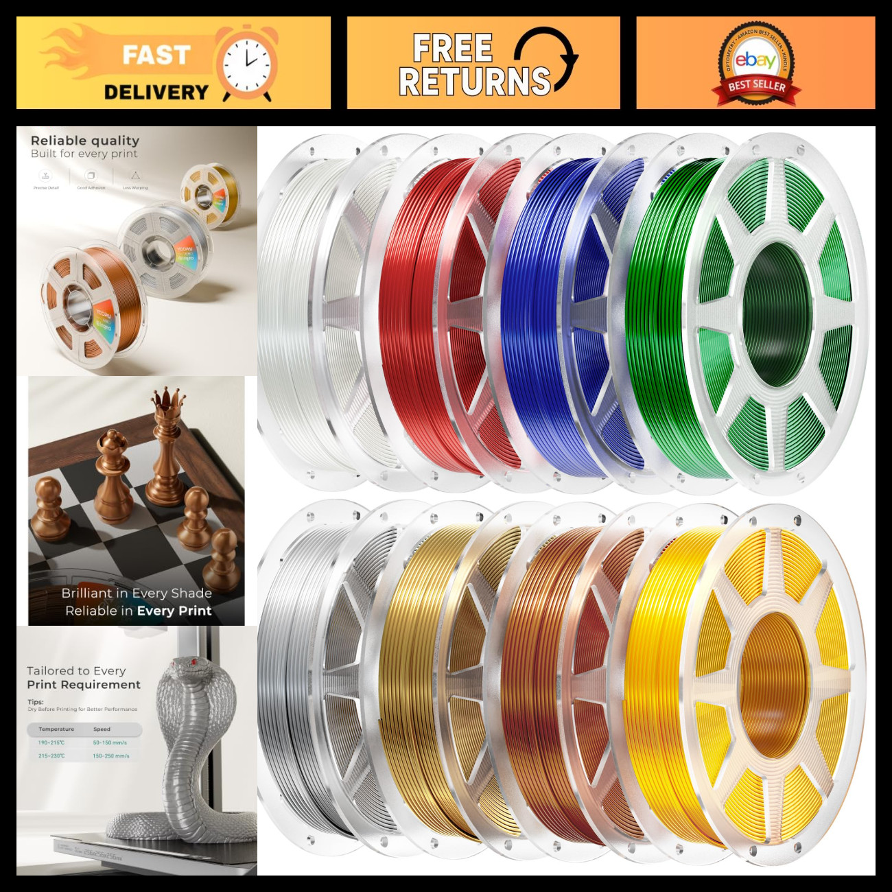 250g Multicolor Silk PLA 3D Printer Filament 1.75mm, Glossy Shine, 8 Rolls, Gold