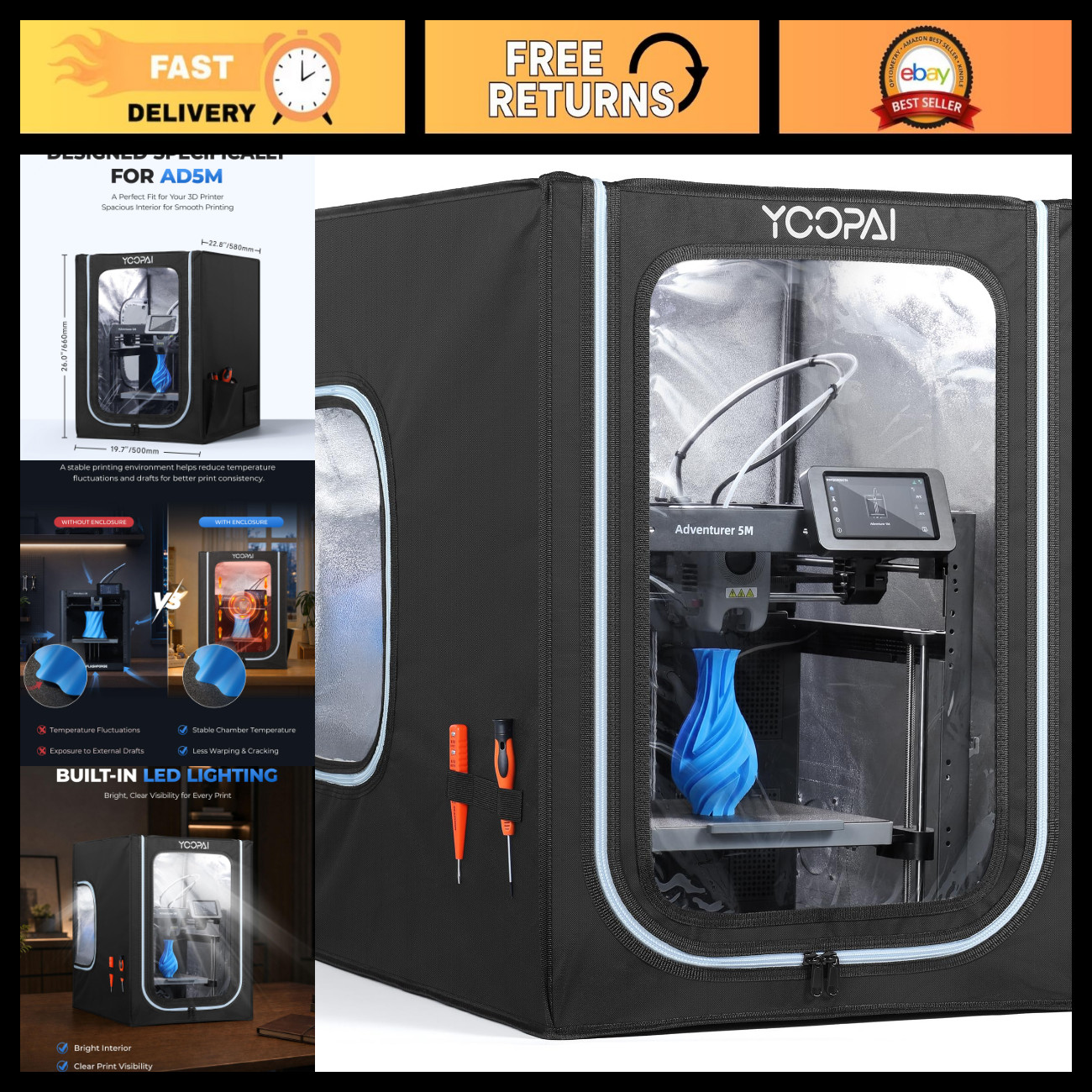3D Printer Enclosure with LED Light for Flashforge AD5M - Durable & Insulated