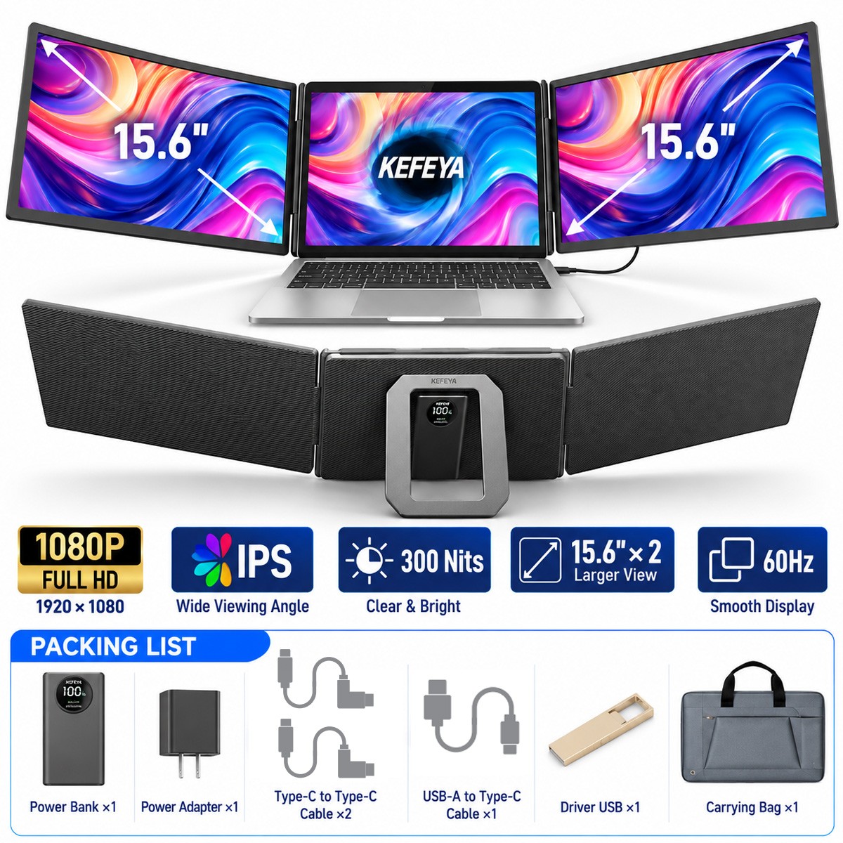 15.6" Laptop Screen Extender w/ Power Bank Remote Work Triple Monitor Extender