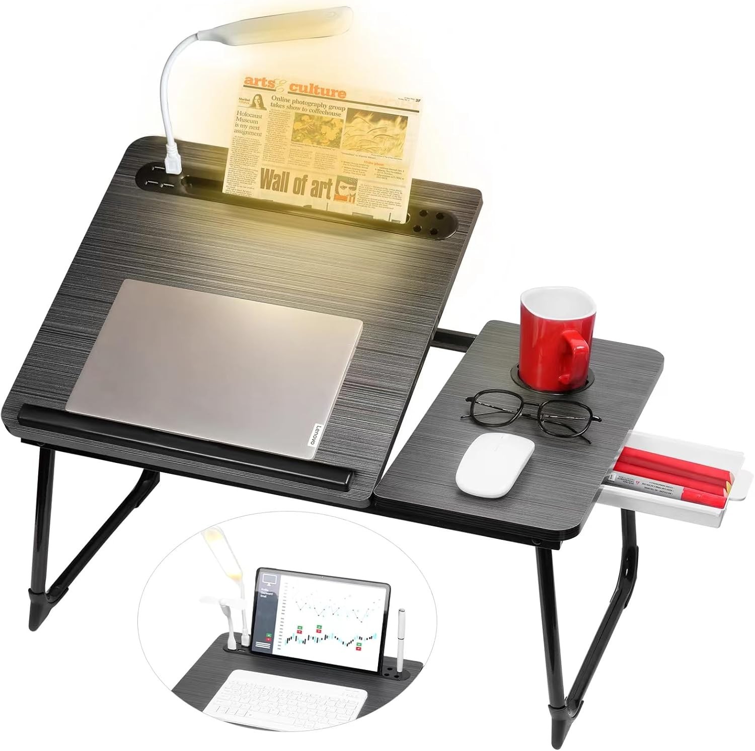 Plus XL Adjustable Laptop Desk W/ Light USB Port iPad Holder Drawer Storage