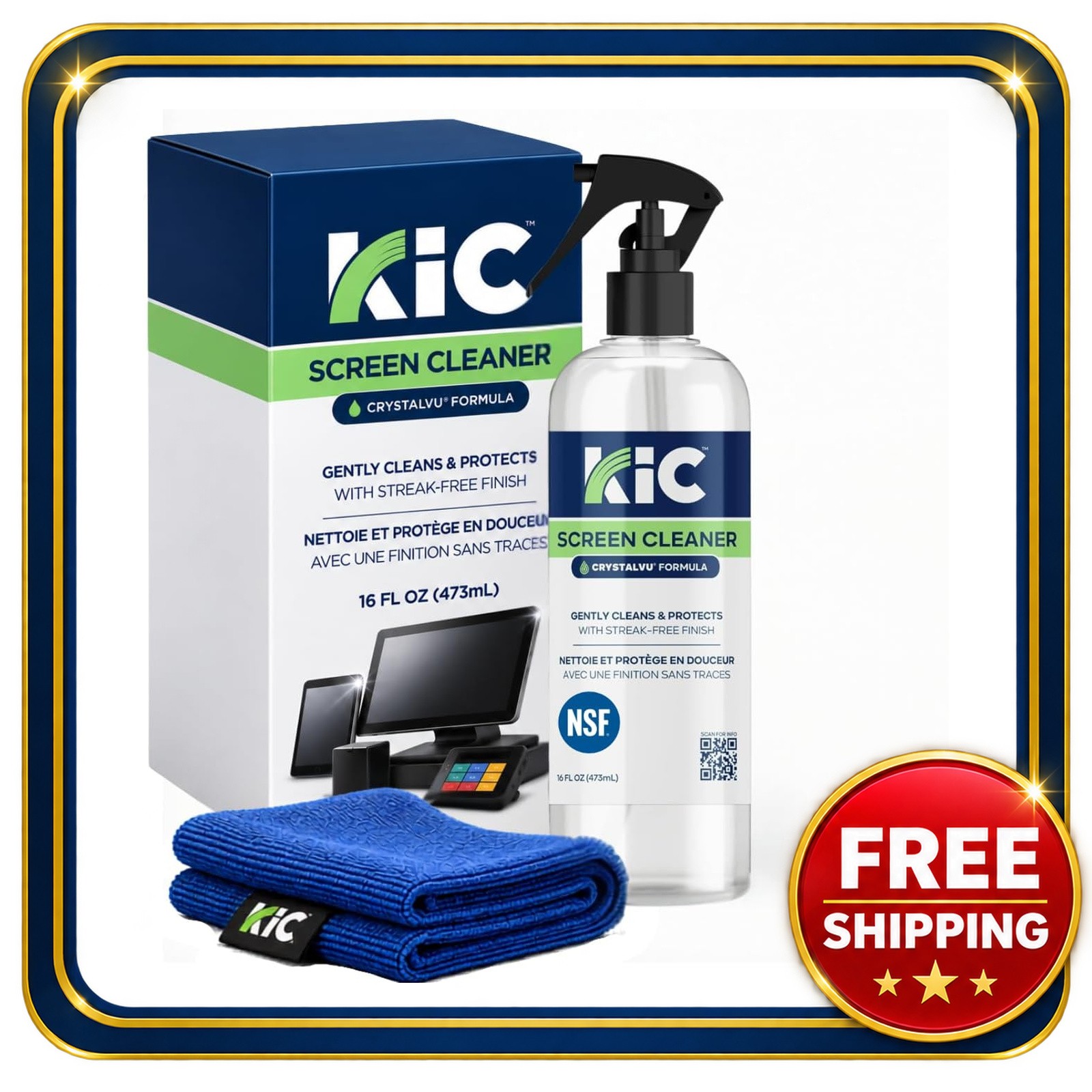KIC CrystalVu Screen Cleaner Spray Kit 16oz with Microfiber Cloth