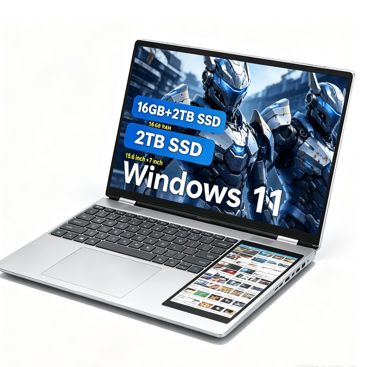 Dual Screen15.6+7"Touch Laptop Intel N150 16GB DDR4 RGB Keyboard Face ID Windows