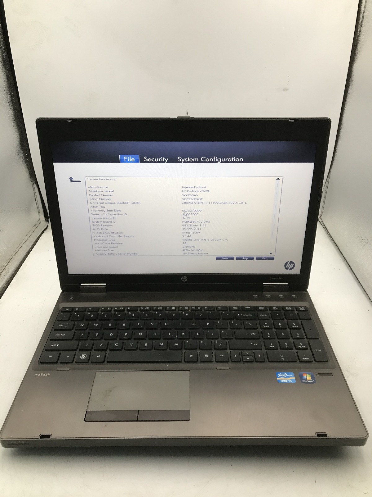 HP PROBOOK 6560B - BOOTS TO BIOS - INTEL I5 2520M - NO RAM -READ DESCRIPTION- BB