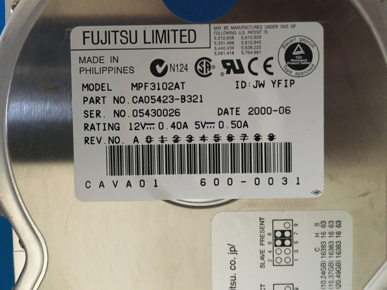 Fujitsu MPF3102AT 10.2GB 3.5" IDE Int. Hard Driver P/N: CA05423-B321 Tested