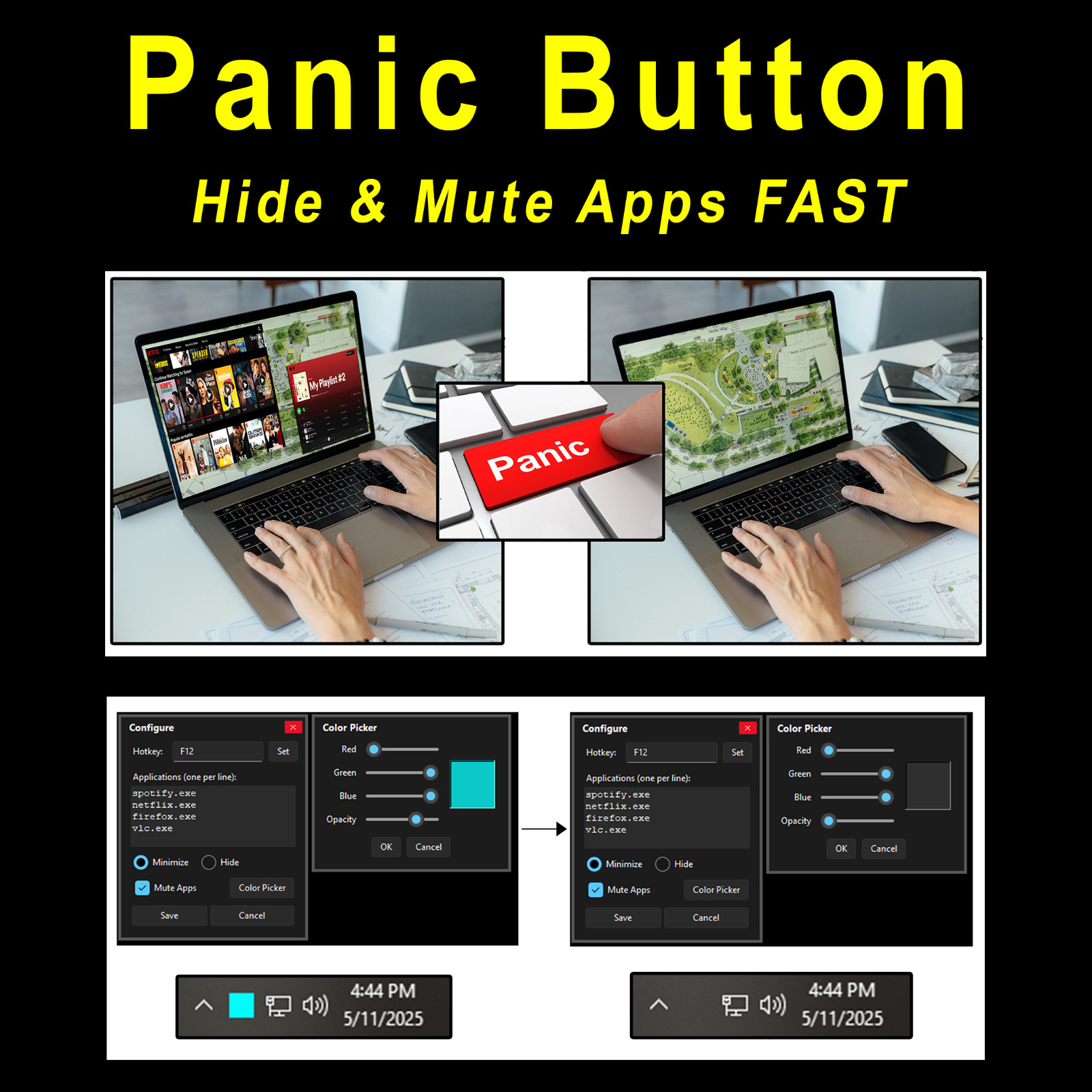 Panic Button (Hide Apps FAST) (Hide & Mute Apps FAST) (USB or DVD)