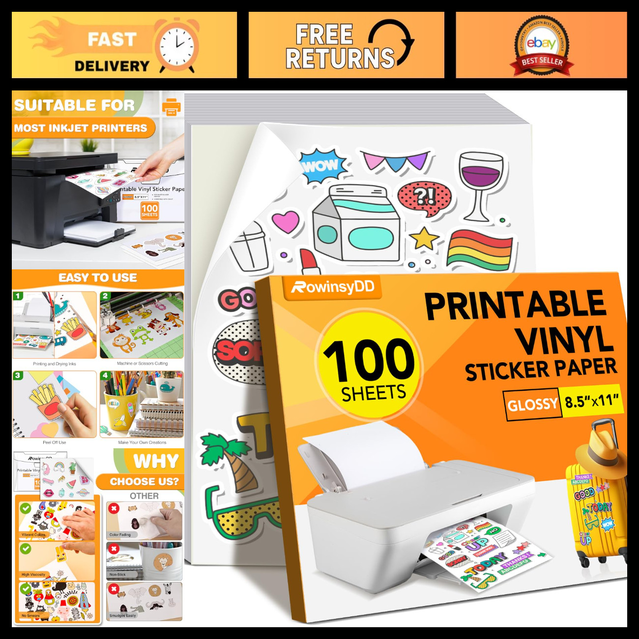 100 PCS Glossy Printable Vinyl Sticker Paper - Craft, Label & DIY Projects
