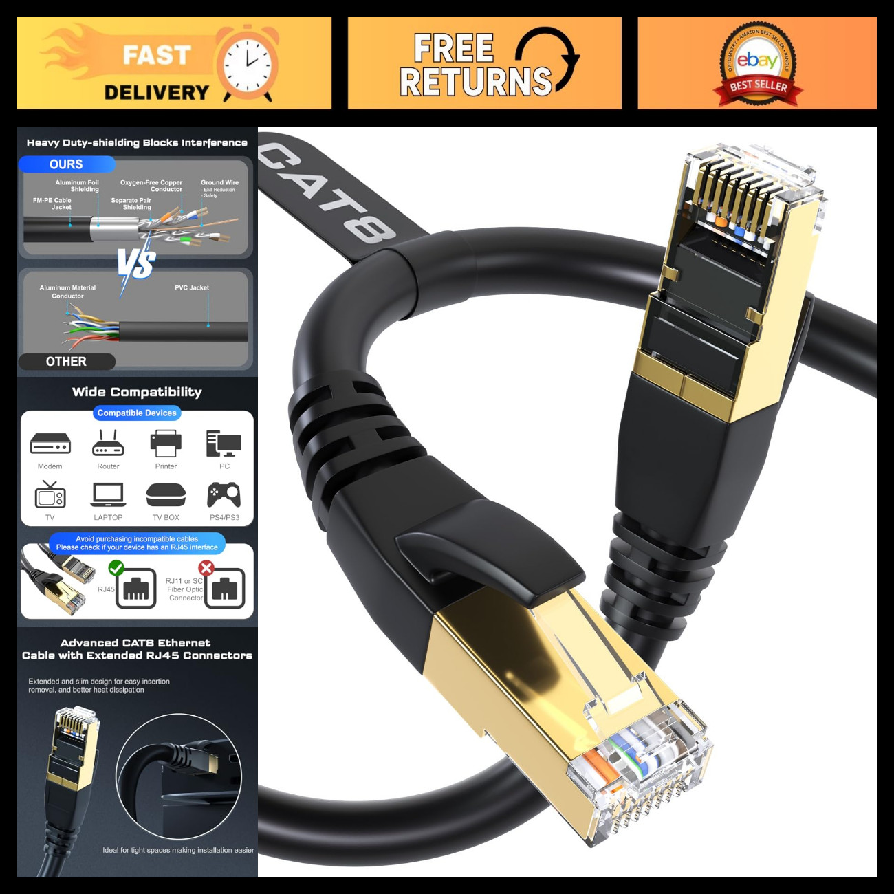 High-Speed Cat 8 Ethernet Cable 100FT, 40Gbps, 2000MHz RJ45 LAN Network Cable
