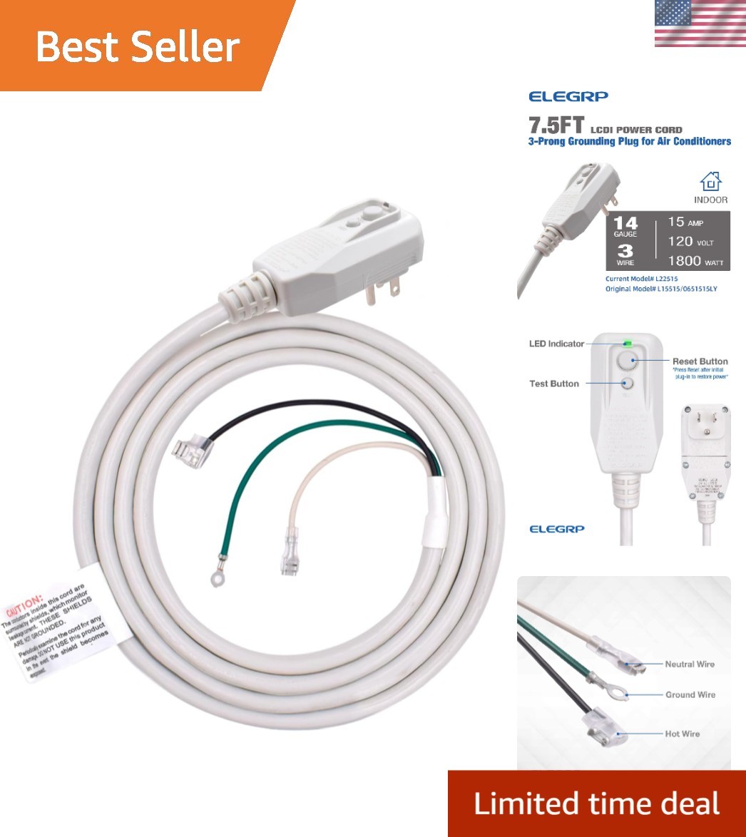 Safe 14AWG LCDI Power Cord for A/C Units - 7.5FT with Leakage Current Protection