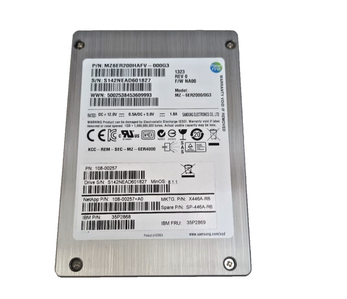 IBM 200GB SSD SAS 2.5" 6Gbps 35P2868 35P2869 NETAPP 108-00257 X446A-R6