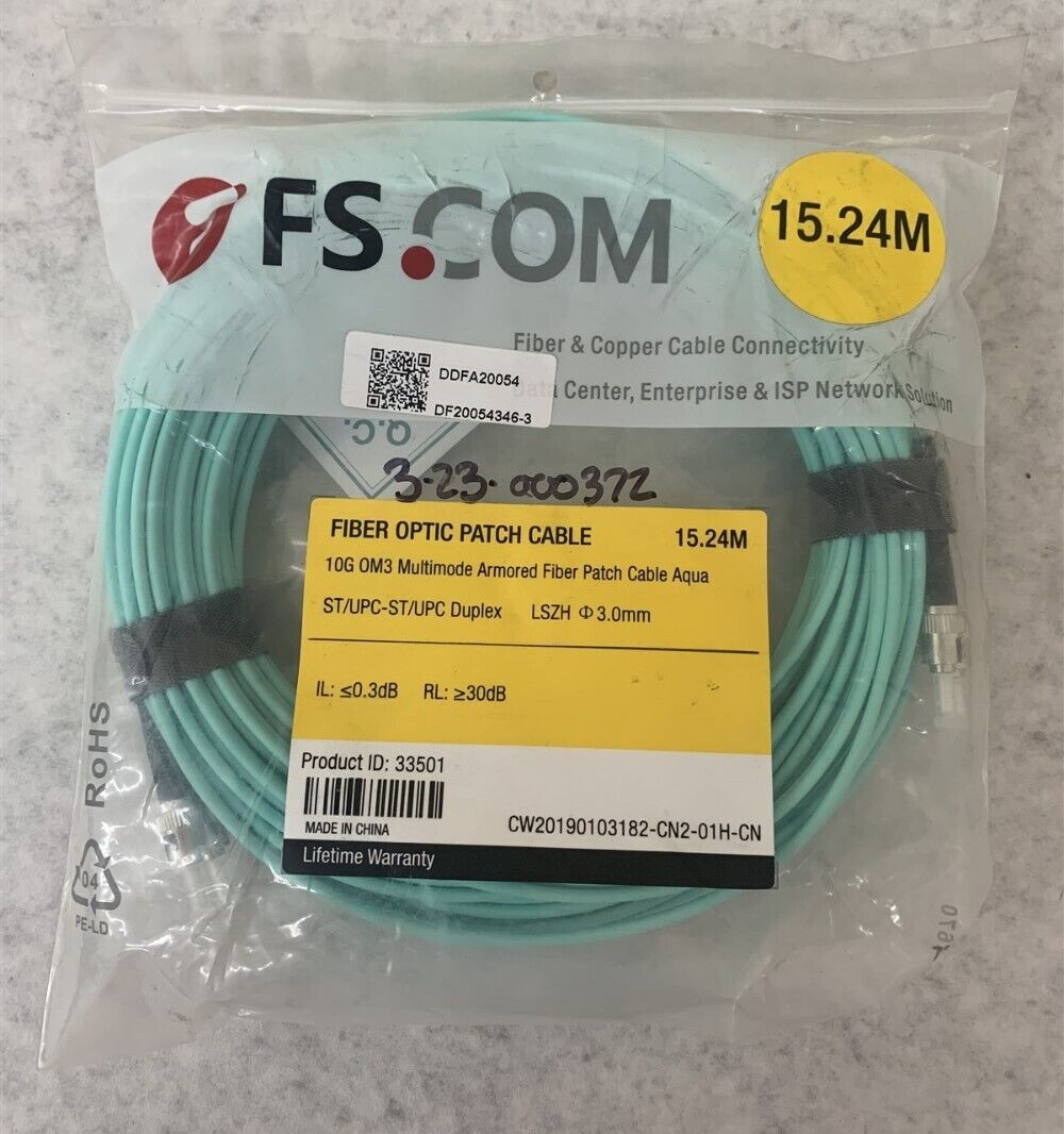 FS.COM 33501 10G Multimode Armored Fiber Optic Patch Cable Aqua - 15.24M