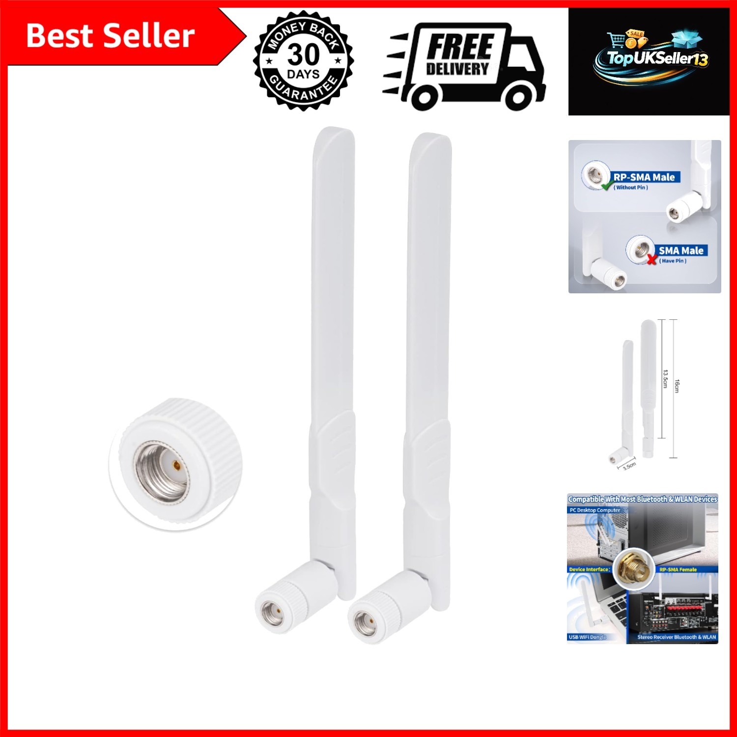 Dual Band WiFi 2.4GHz 5GHz 5.8GHz 8dBi MIMO RP-SMA Male White Antenna 2-Pack ...