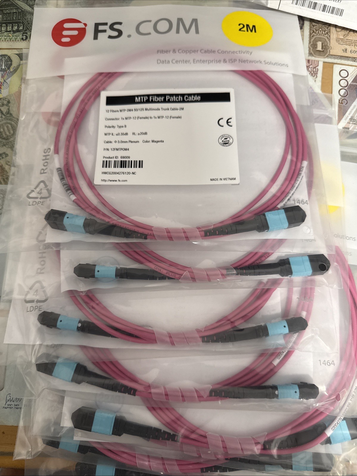 Lot 8 FS MTP/MPO Fiber Patch Cable 12 Fibers MTP OM4 50/125 Multimode Trunk 2M