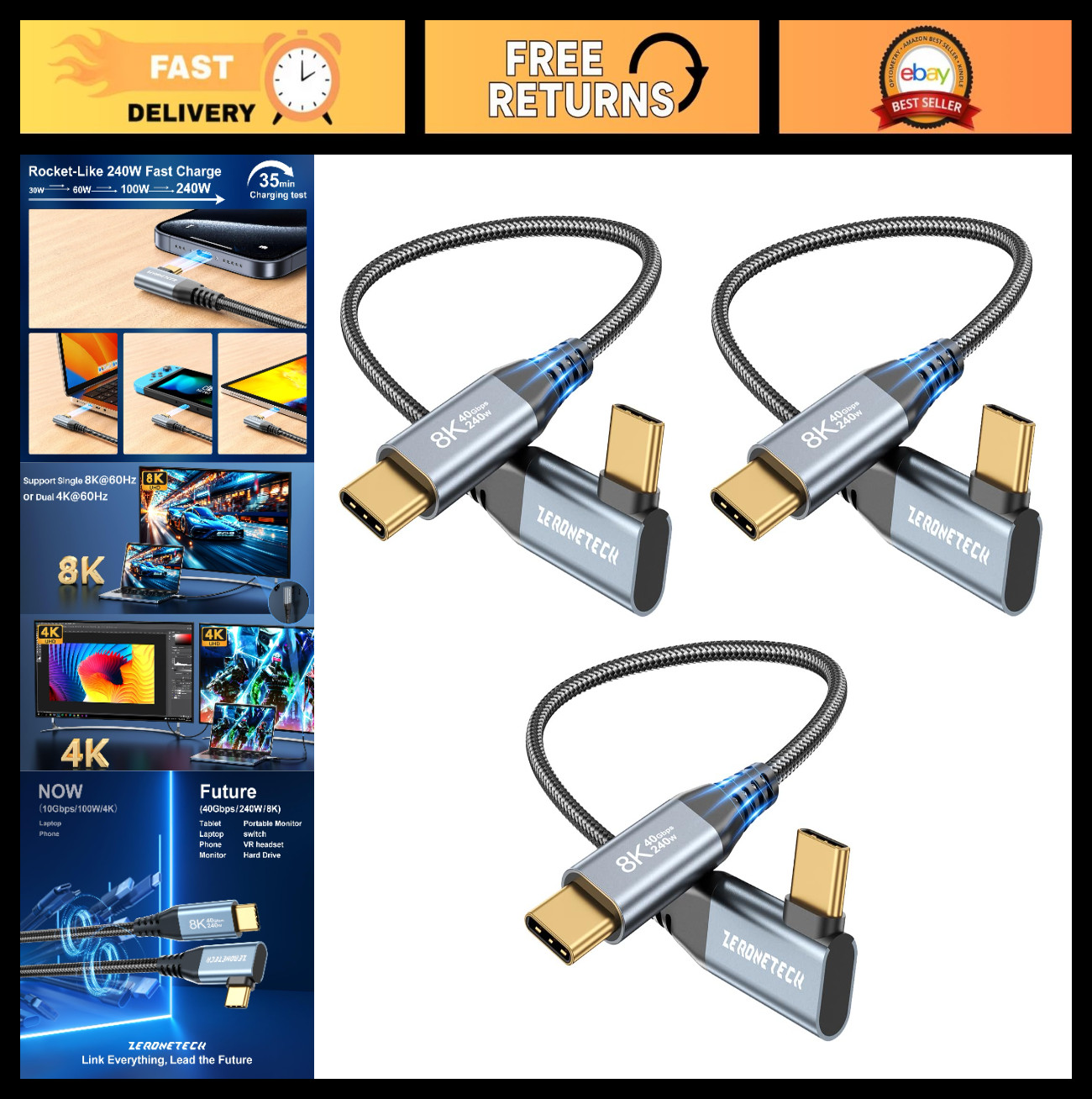 6-Inch USB-C Thunderbolt 4 Cable 3-Pack, 40Gbps Data Transfer, 240W PD, 8K@60Hz