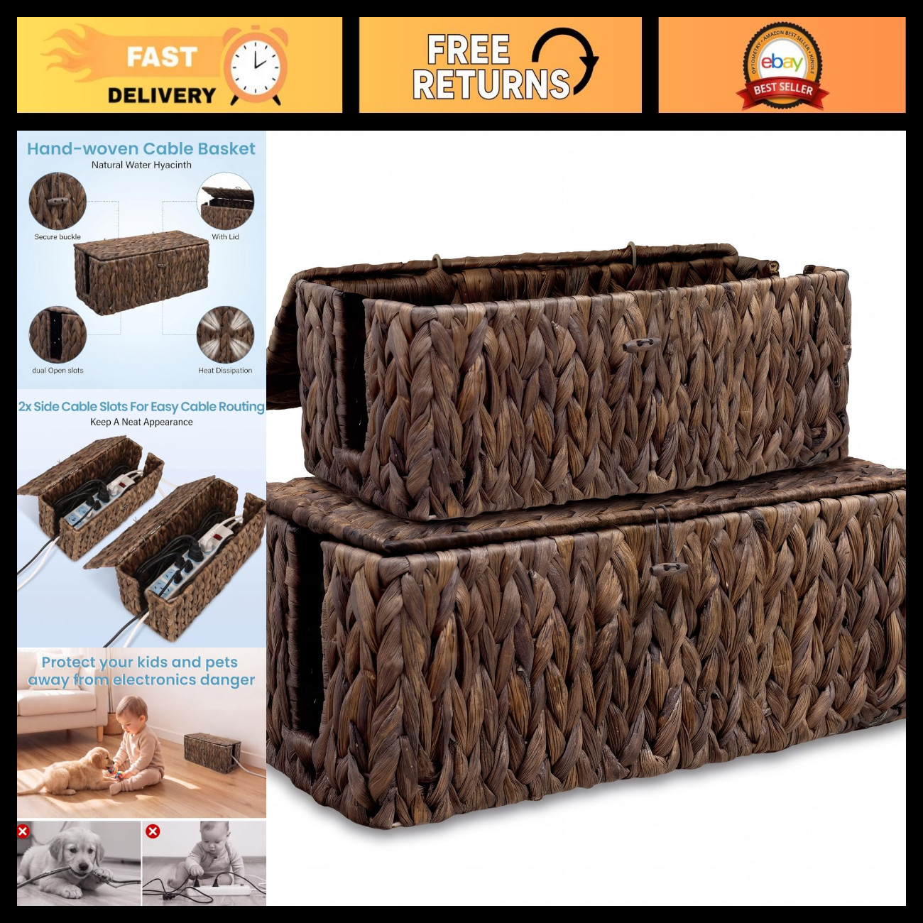 2 Pack Water Hyacinth Cable Management Box, Stylish Organizer for Cords & Wires