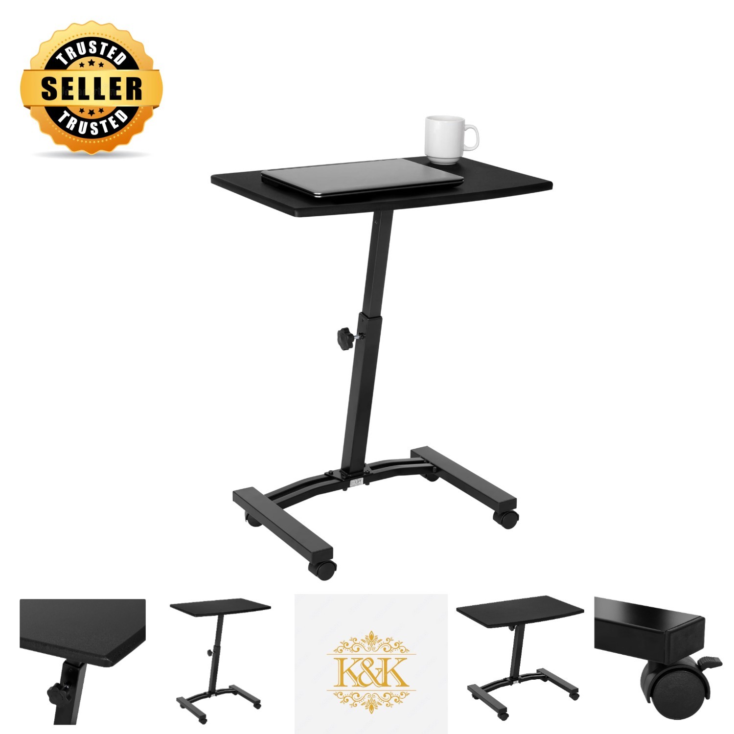 Sleek Mobile Computer Workstation with 4 Wheels - Adjustable Height 20.5" to 33"