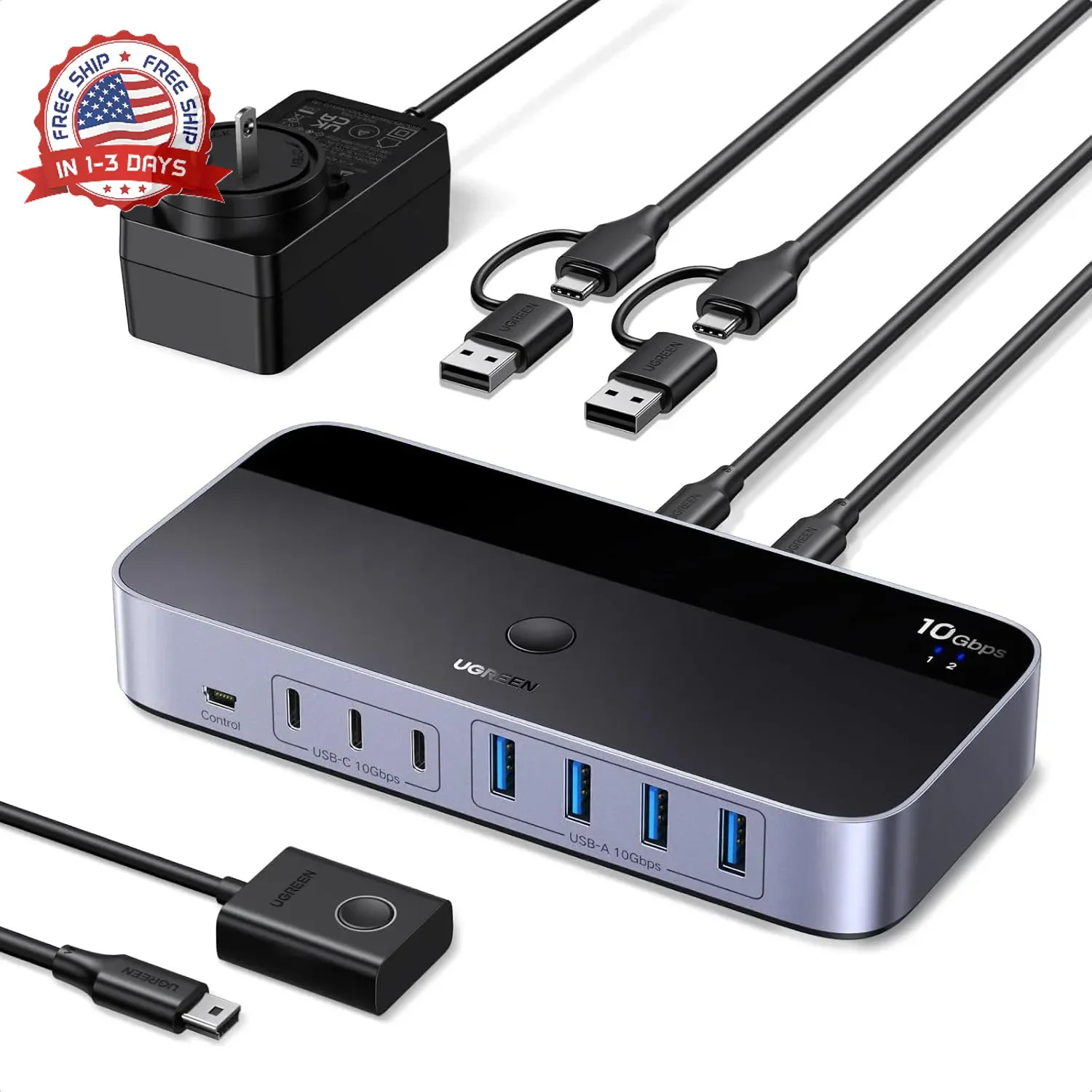 2-in 7-Out USB 3.2 Switch, 10 Gbps Switcher for A or C Computers Sharing All Dev