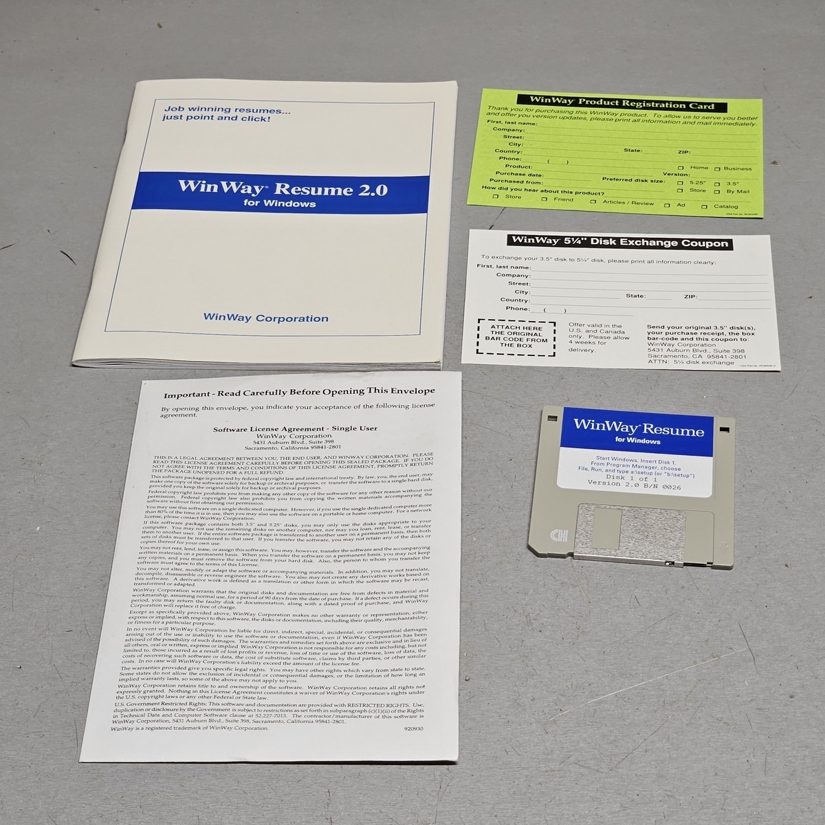 WinWay Resume 2.0 for Windows Software Floppy Disk w/ Manuals & Inserts