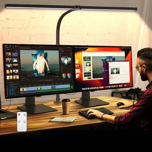 Double Head LED Desk Lamp with Remote Control for Home Office 24W Clamp Black