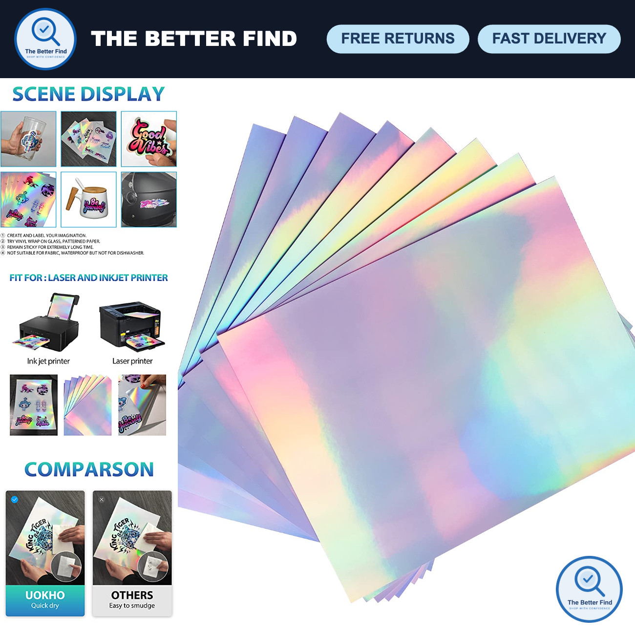 50 Sheets Holographic Sticker Paper for Inkjet & Laser Printers - 8.5x11" Craft