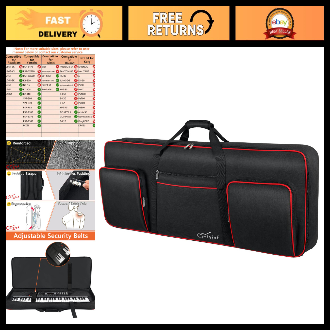 Adjustable Soft Keyboard Case for 61-Key Piano with Padded Shoulder Straps