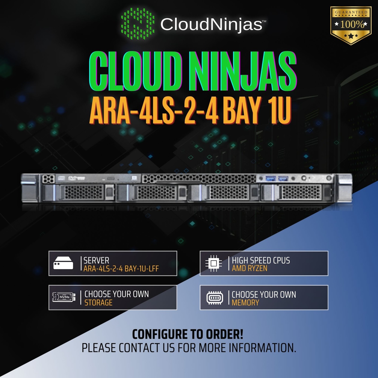 Cloud Ninjas ARA-4LS-2 4 Bay 1U Server AMD Ryzen 9 7950X DDR5 NVMe 2x 350W PSU