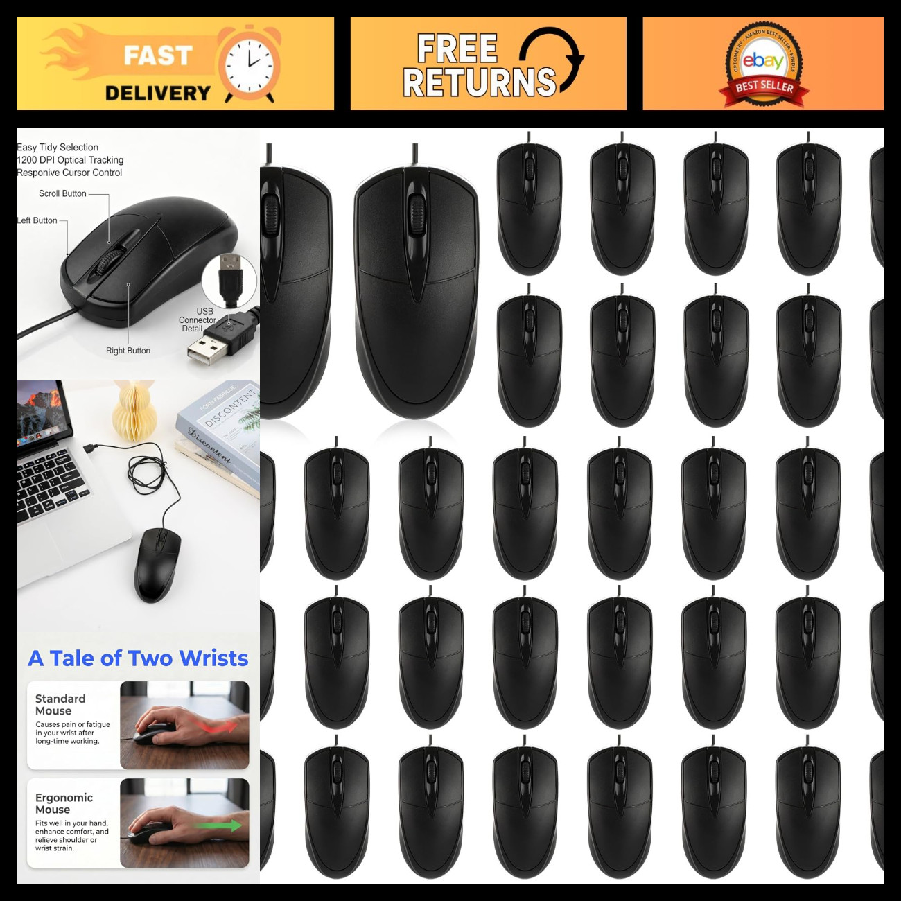 36 Pcs USB Wired Mouse 1200 DPI 3-Button Corded Mice Bulk - Computer Accessories