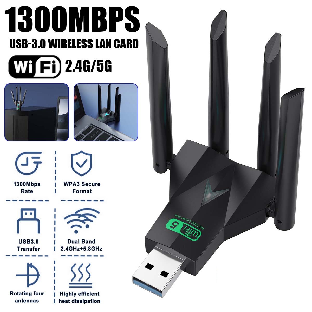 USB 3.0 High Speed Wireless Network Adapter 1200Mbps w 4 Antenna for Desktop PC​