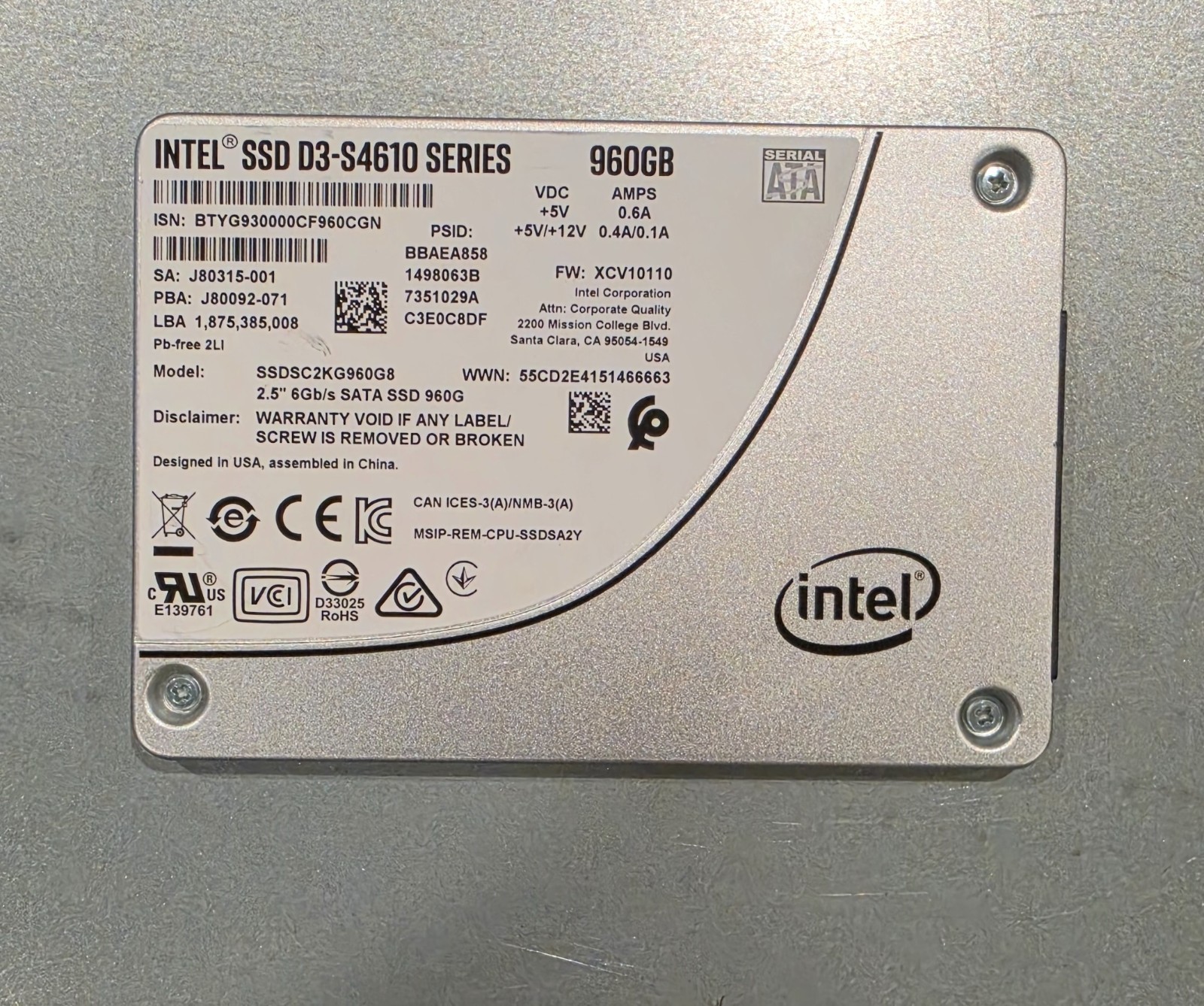 INTEL SSD D3-S4610 SERIES 960GB - Performance: 100% - Health: 96% - Excellent