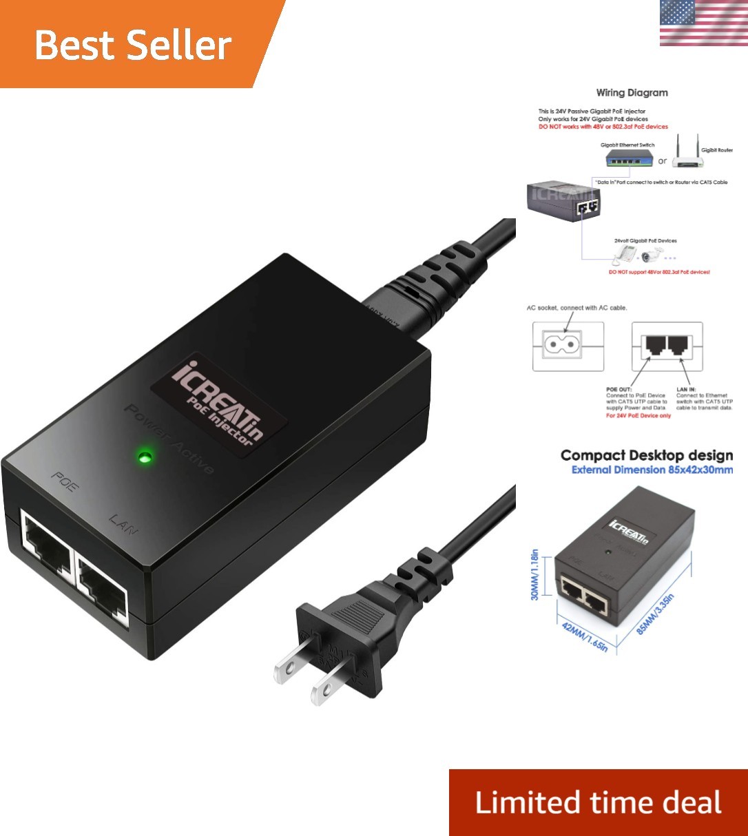 24V Gigabit POE Injector, 24V 1A Passive PoE Adapter