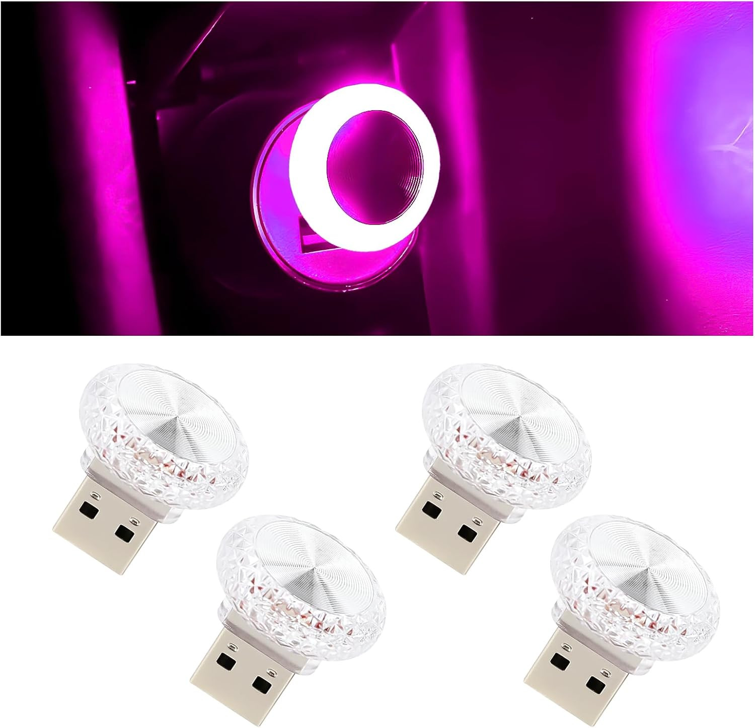 4PCS Mini USB LED Car Interior Atmosphere Lamp for Decor, Pink Purple