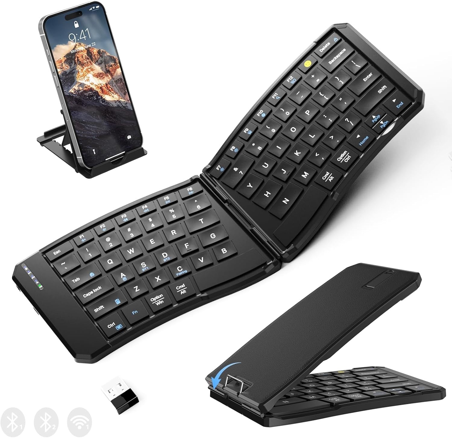Ergonomic Foldable Bluetooth Keyboard Wireless Travel Keyboard Black