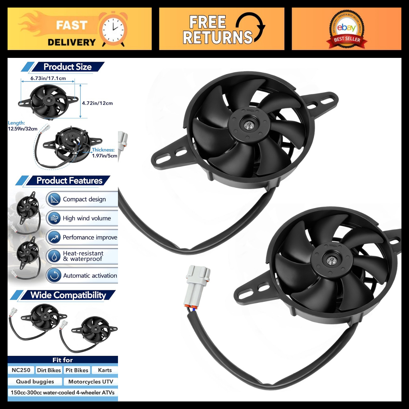 2PCS 12V DC 4" Motorcycle Radiator Cooling Fans, Thermal Fans for ATV, Dirt Bike