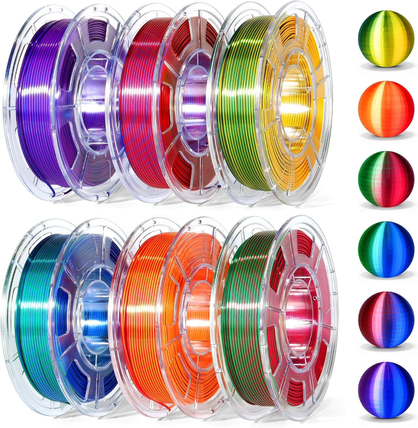 3D Printer Filament Bundle, Silk PLA 6X250G Shiny Dual Color 1.75Mm