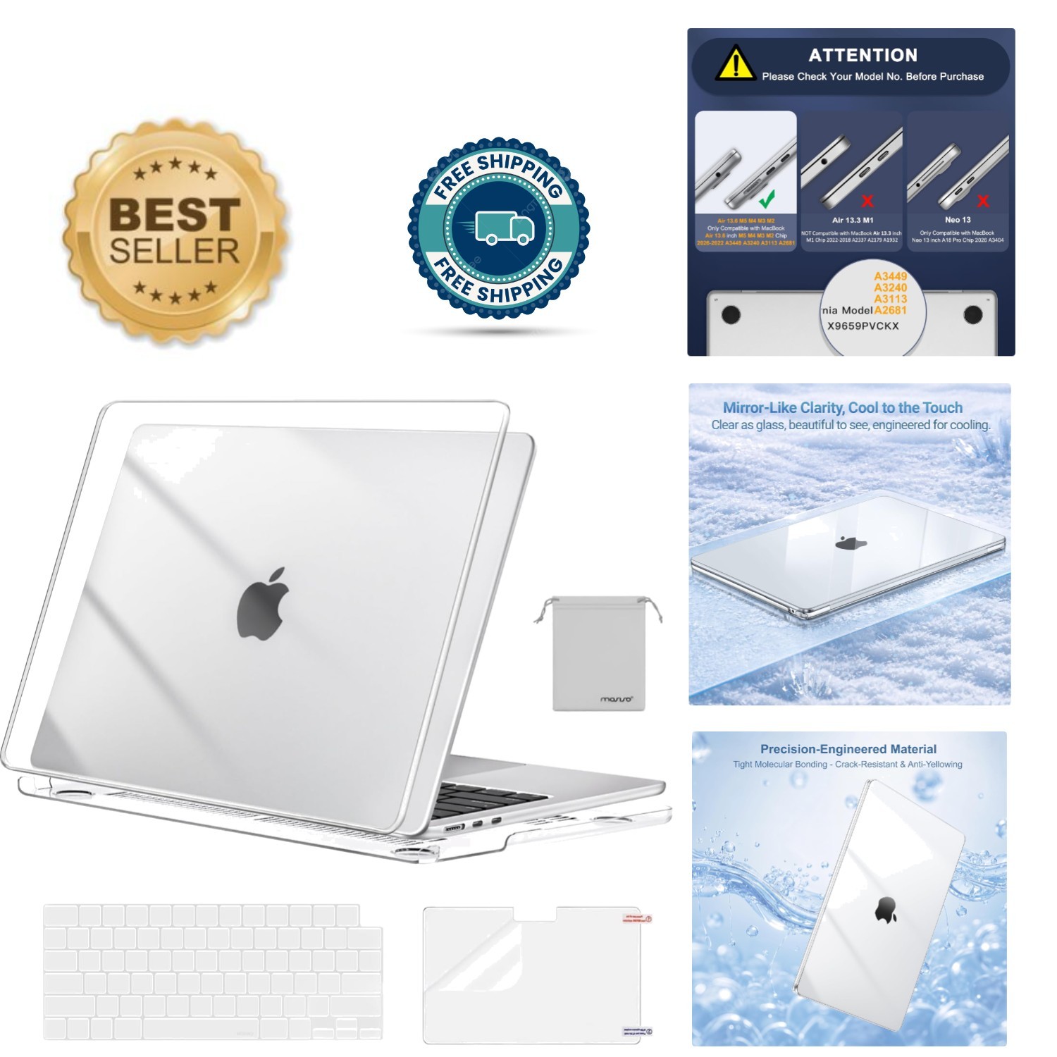 Crystal Clear Hard Shell Case for MacBook Air 13 Inch M5 M4 M3 M2 (2022-2026)