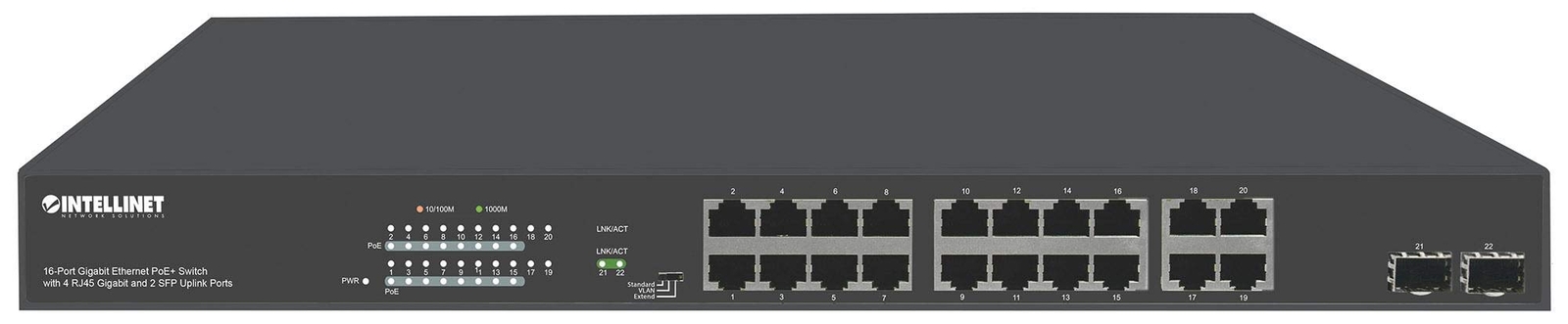 Intellinet 16 Port PoE+ Ethernet Switch with 4 RJ45 Gigabit and 2 SFP Uplink