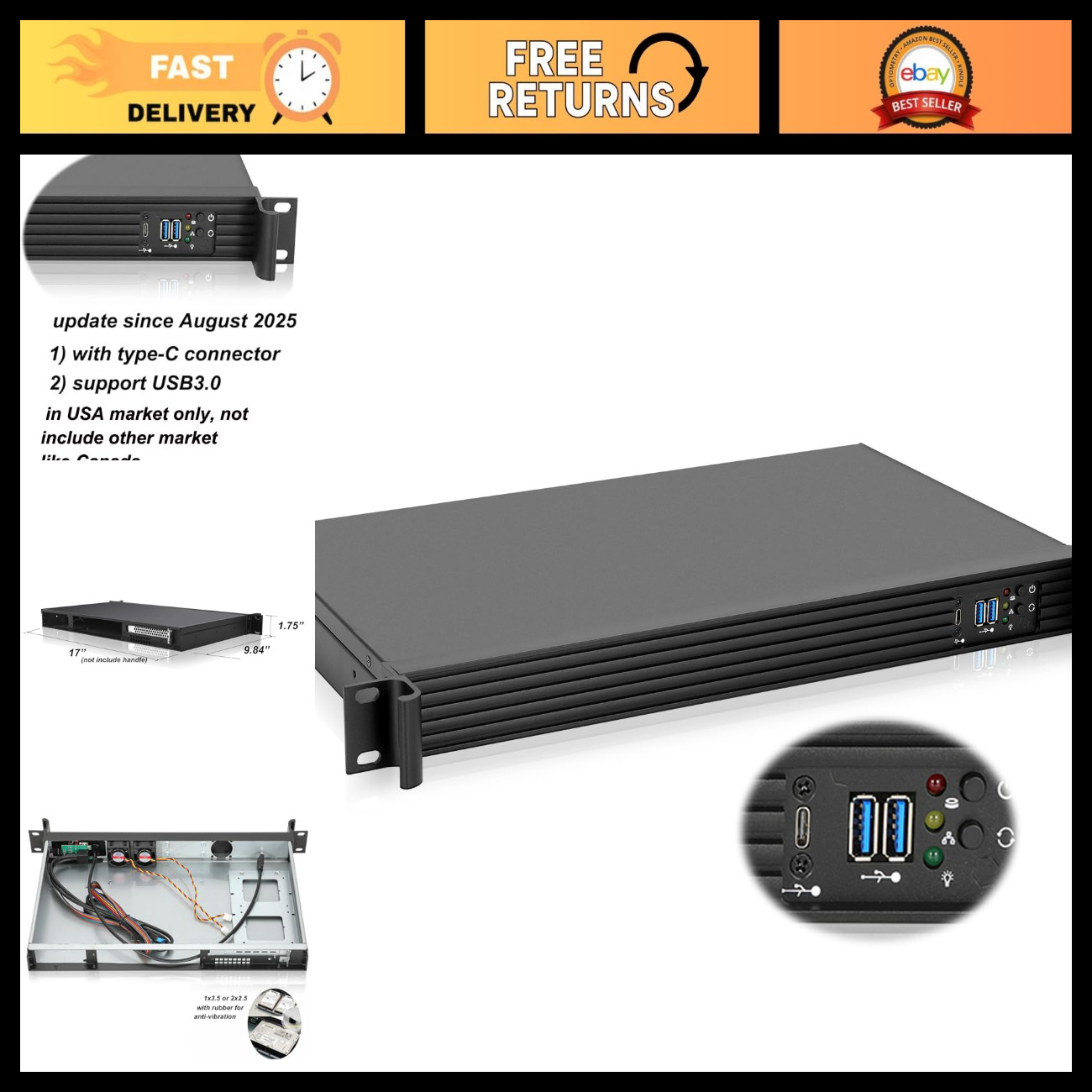 Compact Mini-ITX Chassis 1U Server/Desktop Case - 9.84" Depth, USB 3.0 & Type-C,