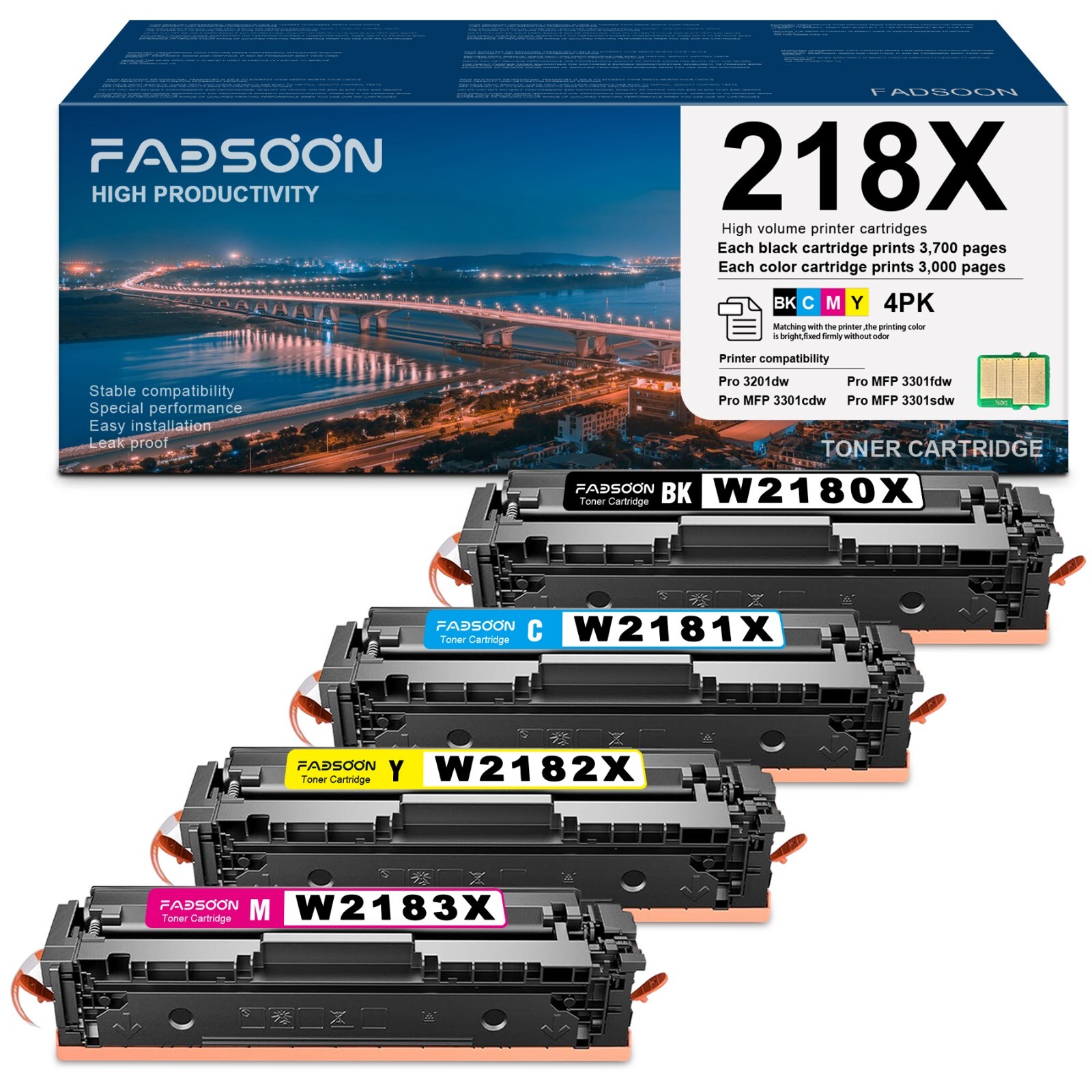FADSOON® Compatible 218X Toner with Chip for HP MFP 3301 3201 Printers – 4 Pack