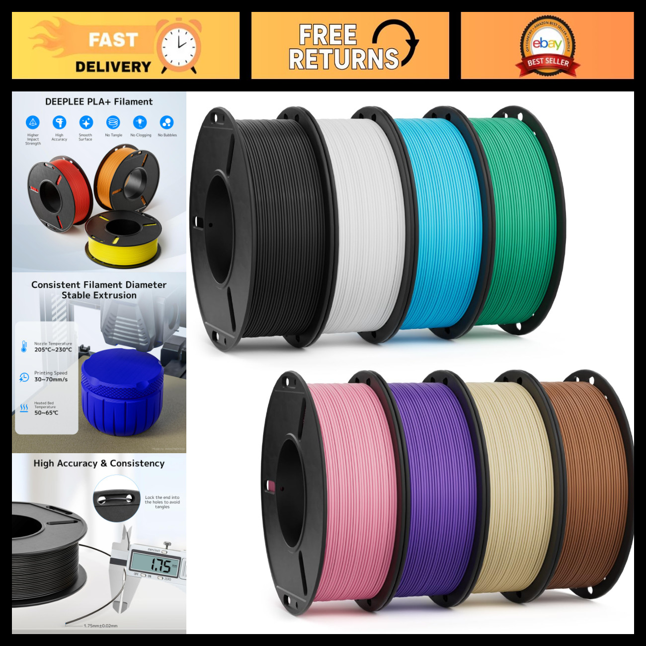 1.75mm PLA+ 3D Printer Filament 8 Pack - High Quality, Strong & Durable Bundle
