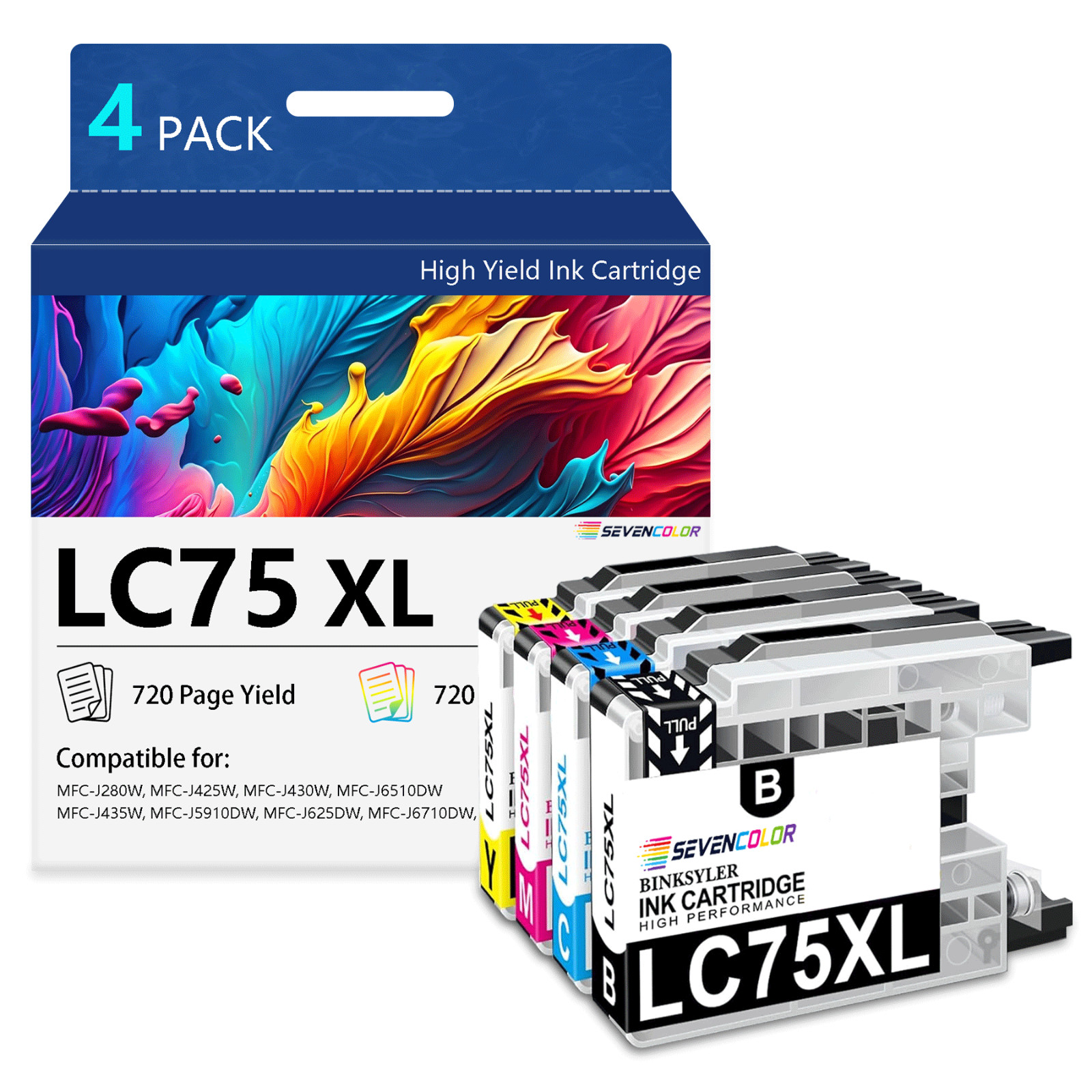 LC75 High Yield Ink Cartridge(4Pack-BK/C/M/Y) - Replacement for Brother LC71 Ink