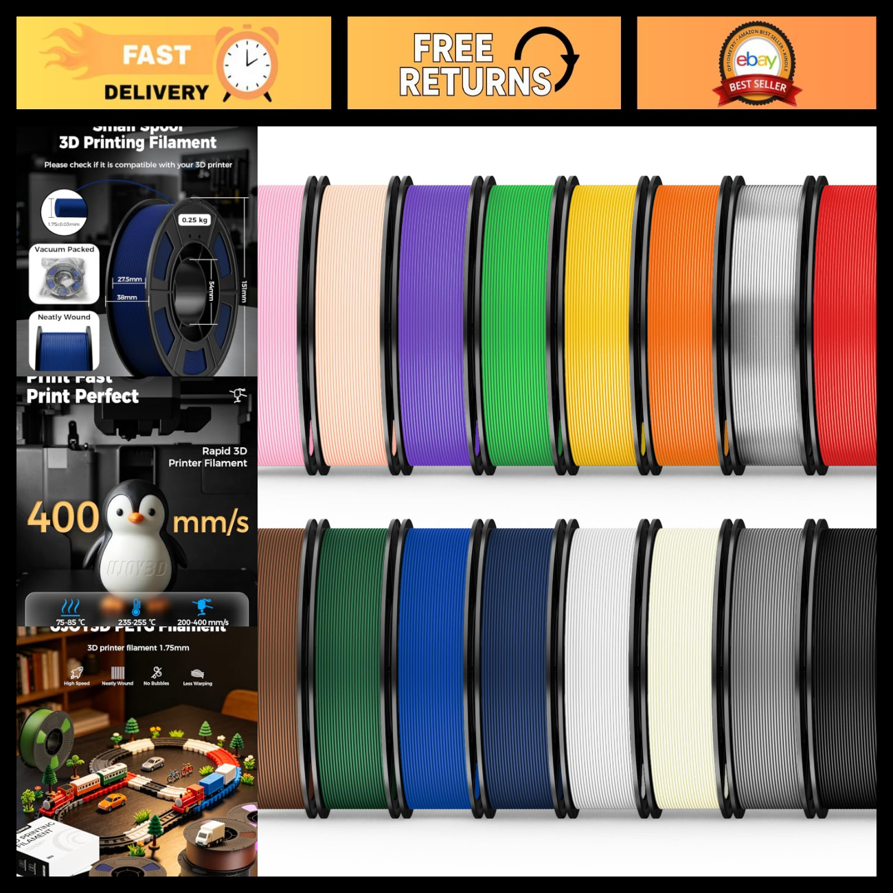16 Color PETG Filament Bundle - 1.75mm Strong 3D Printer Filament, 4kg Total, Va