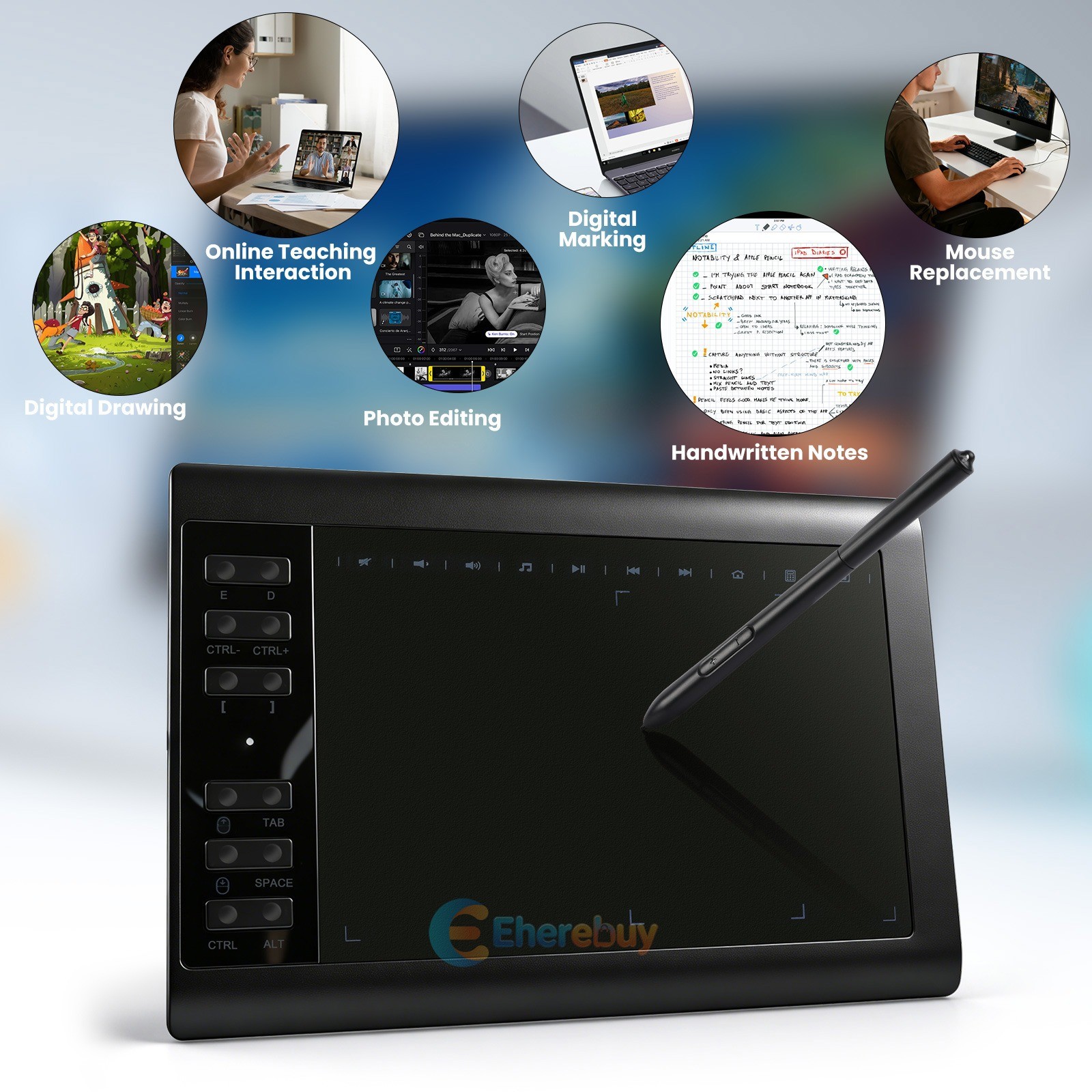 New Digital Drawing Tablet with 10 inch Screen, Graphics tablet Battery-free Pen