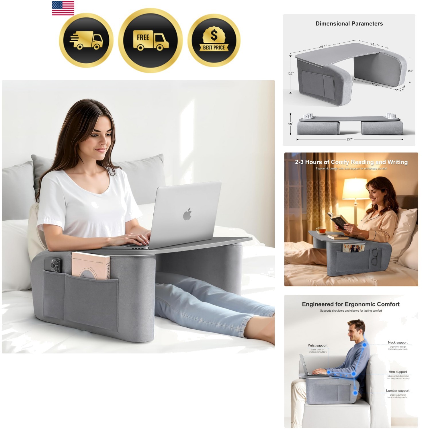 Reading Pillow for Gaming with Ergonomic Arm Rests, Wooden Lap Desk for Lapto...