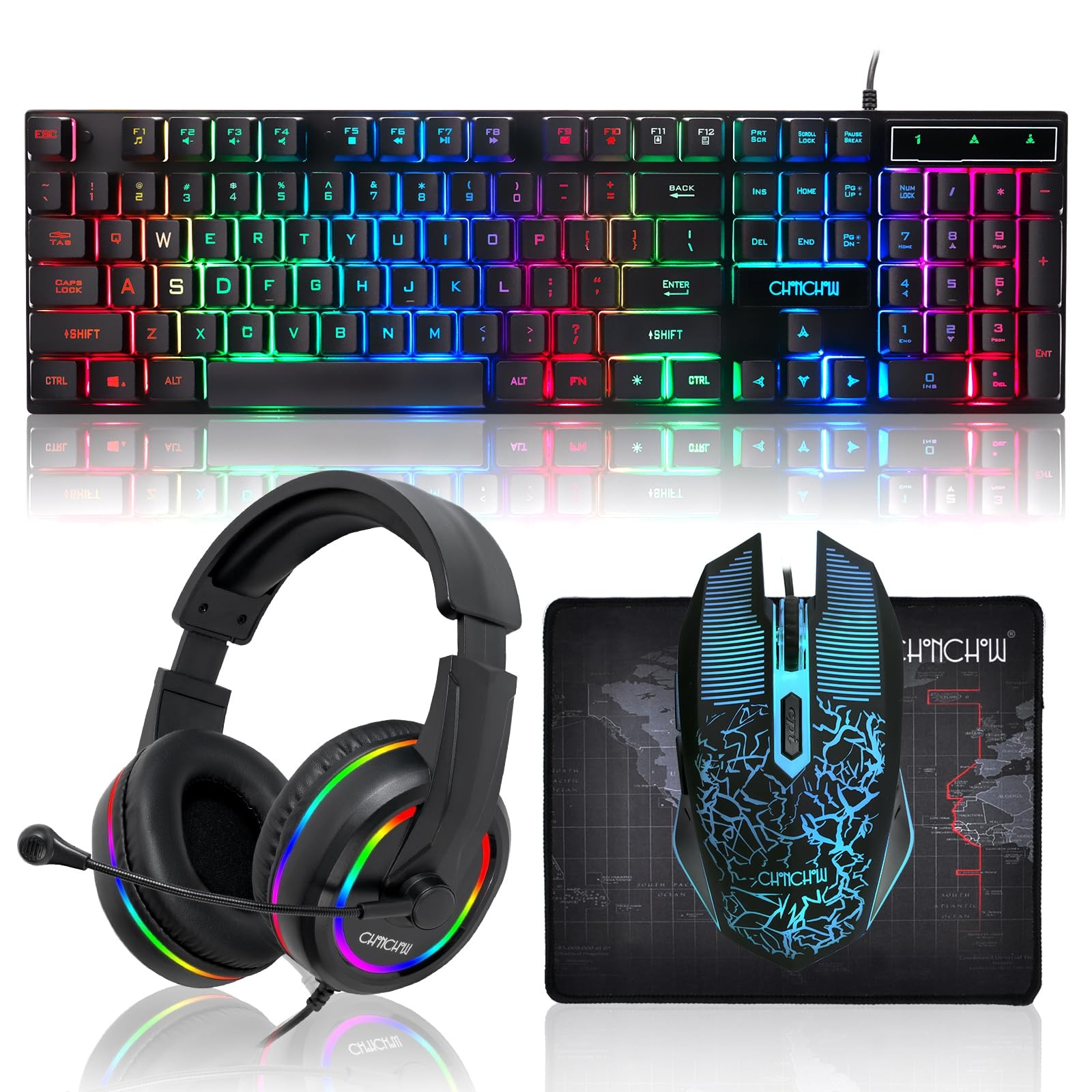 Gaming LED Keyboard Mouse Headset and Mousepad Bundle, Wired Rainbow LED Light
