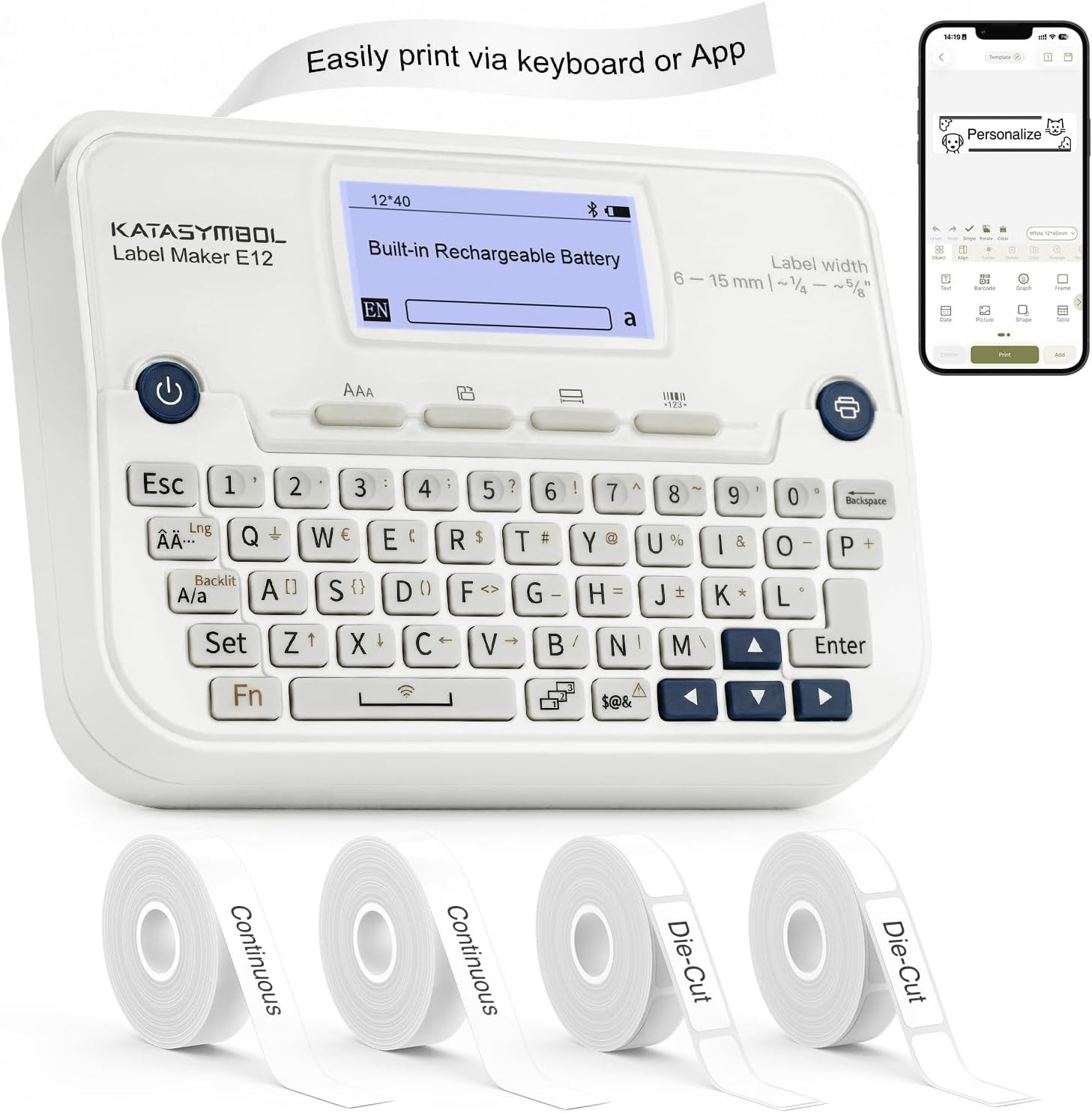 E12 Keyboard & Bluetooth Label Maker Machine with 4 Tapes