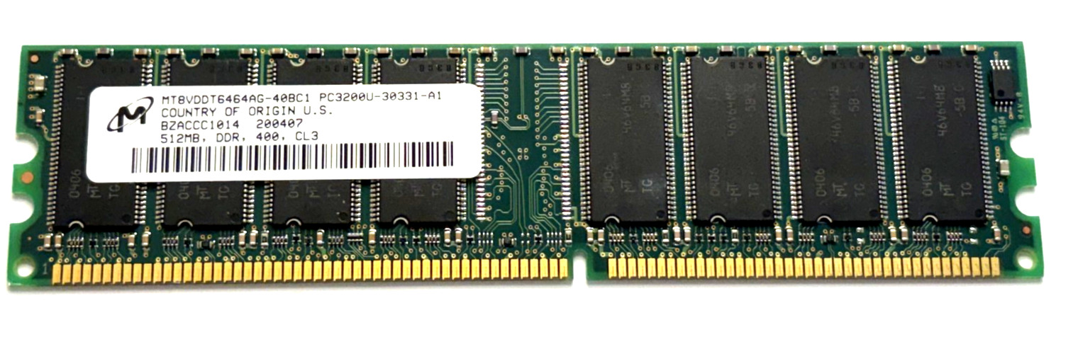 Micron 512MB DDR-400 PC3200U CL3 Desktop UDIMM RAM MT8VDT6464AG-40BC1 Tested