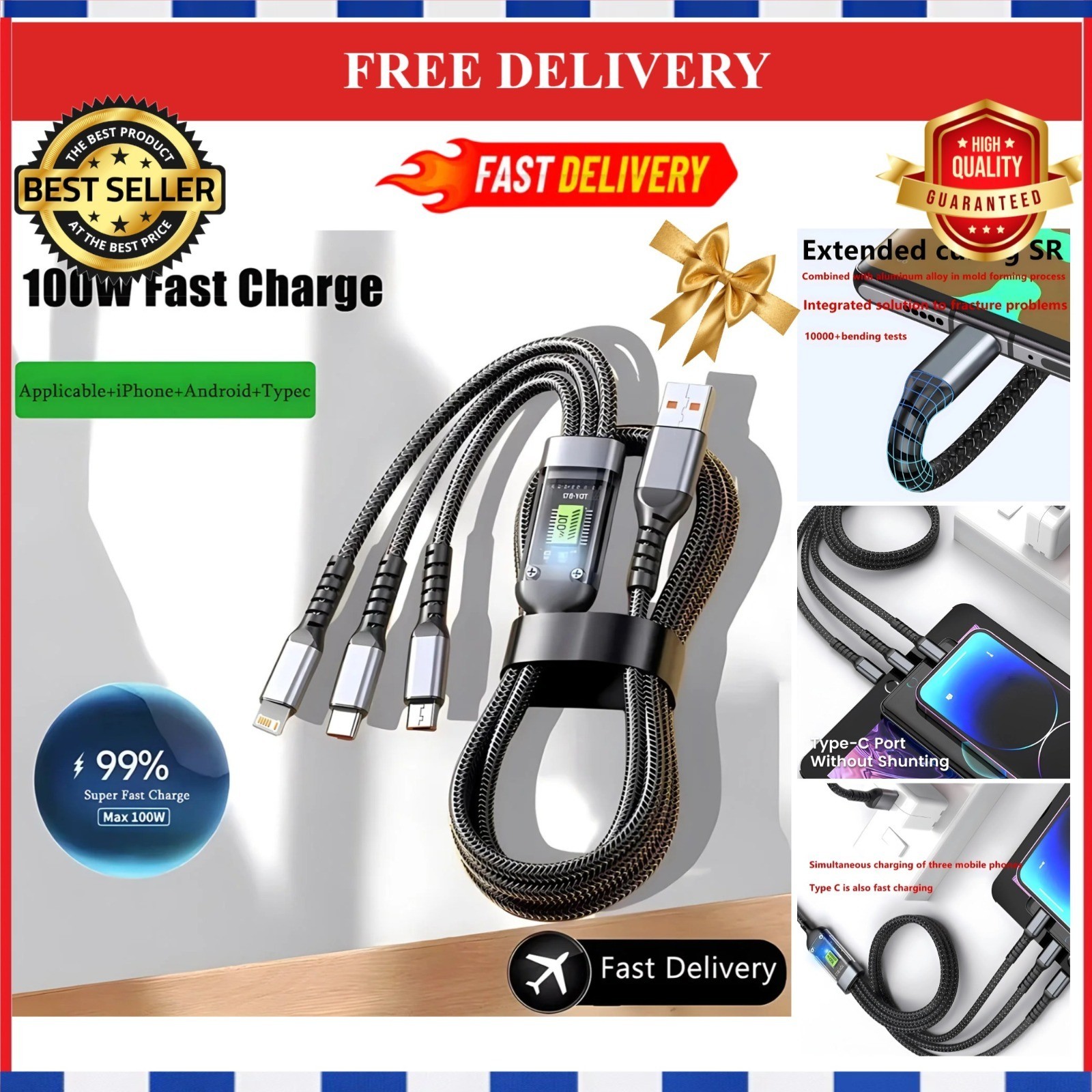 100W 3-in-1 Fast Charging Cable USB A Micro USB Type-C Braided Cord